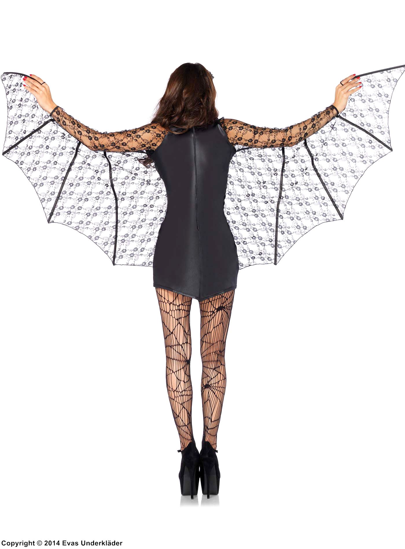 Fladdermus, maskeradklänning i lamé med vingar och blommig spets